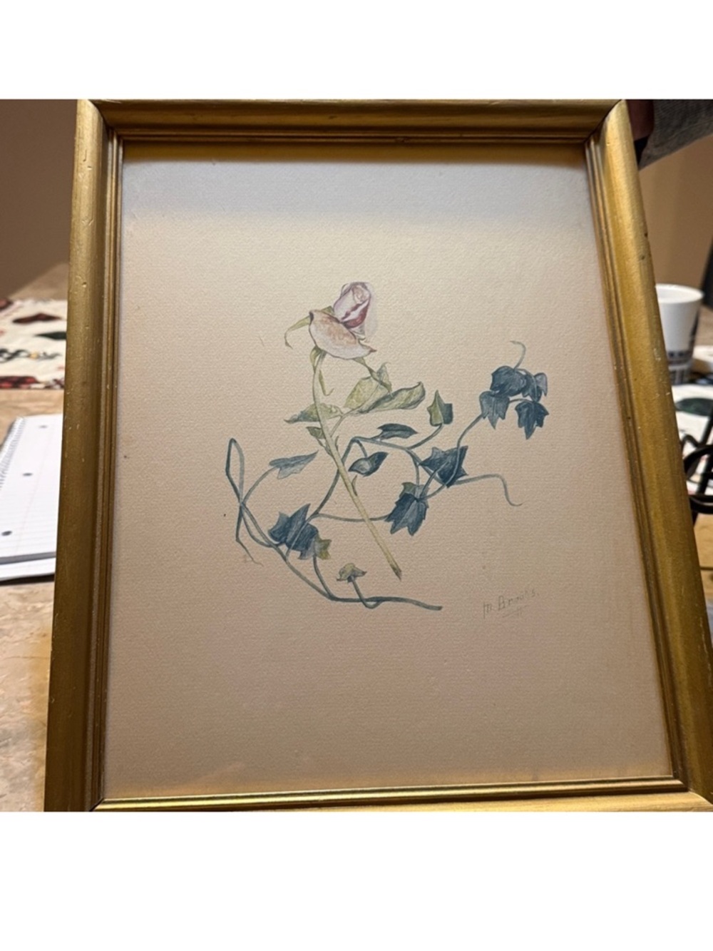 Original M. Brooks Signed Watercolor "An Old Garden Rose" Vintage Gold Framed